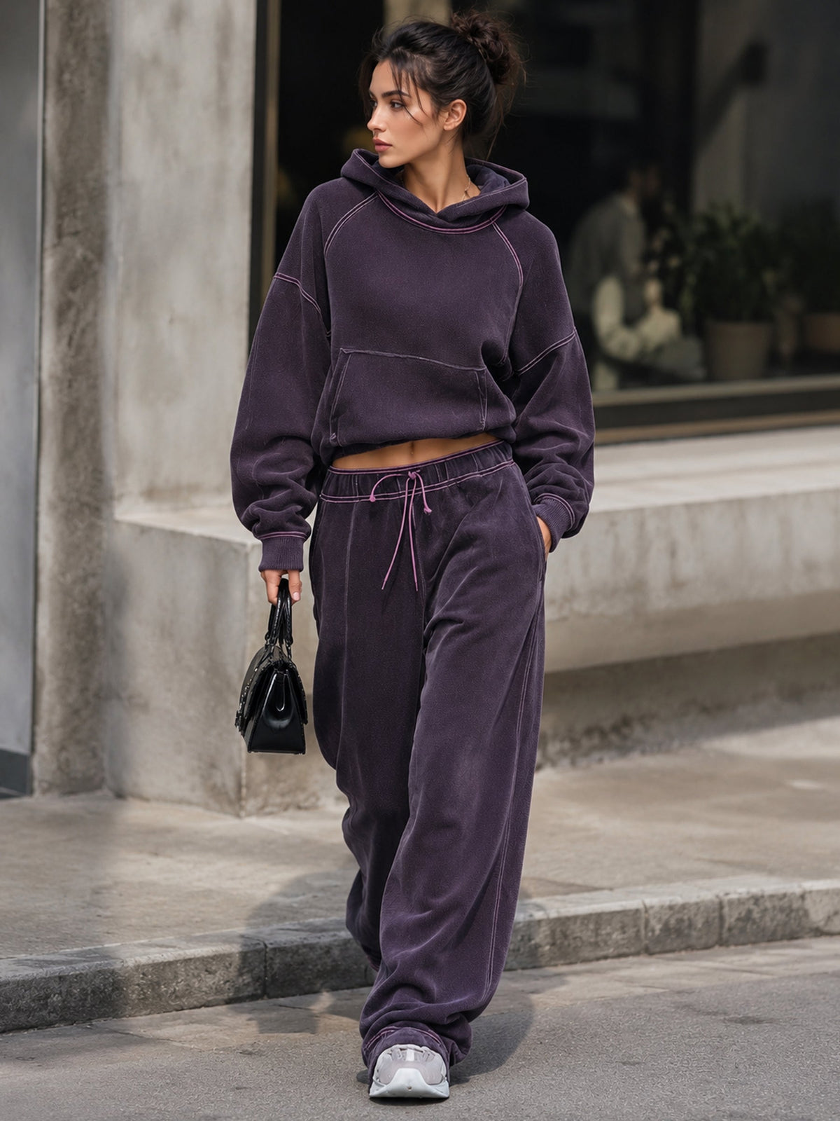 Women’s Oversized Washed Plum Hoodie & Wide-Leg Sweatpants Set