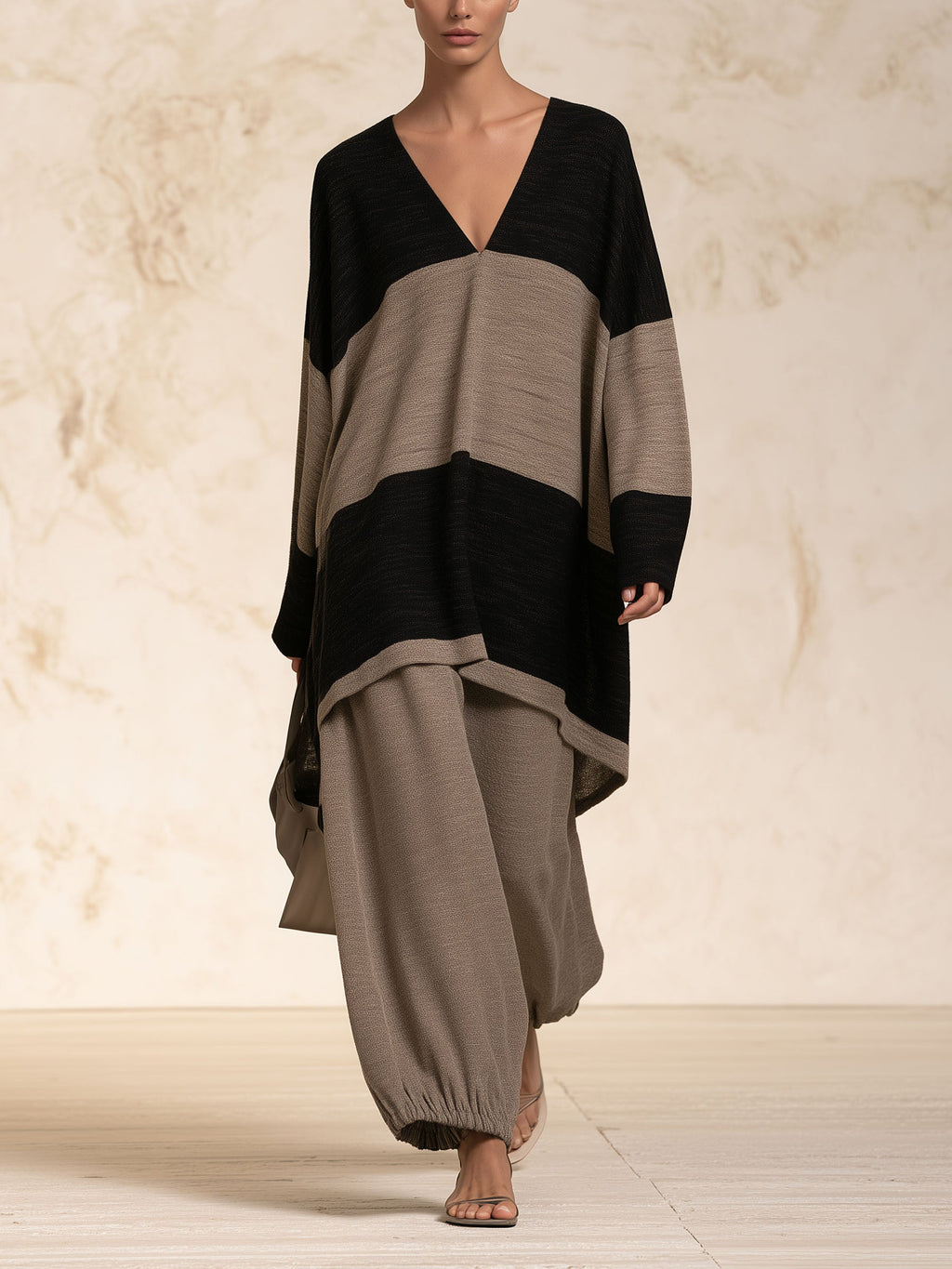 Women V Neck Color Block Long Tunic Top Elastic Cuff Baggy Pants Casual Matching Outfit