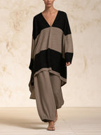 Women V Neck Color Block Long Tunic Top Elastic Cuff Baggy Pants Casual Matching Outfit