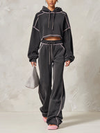Charcoal Contrast-Piped Cropped Hoodie & Wide-Leg Pants Set