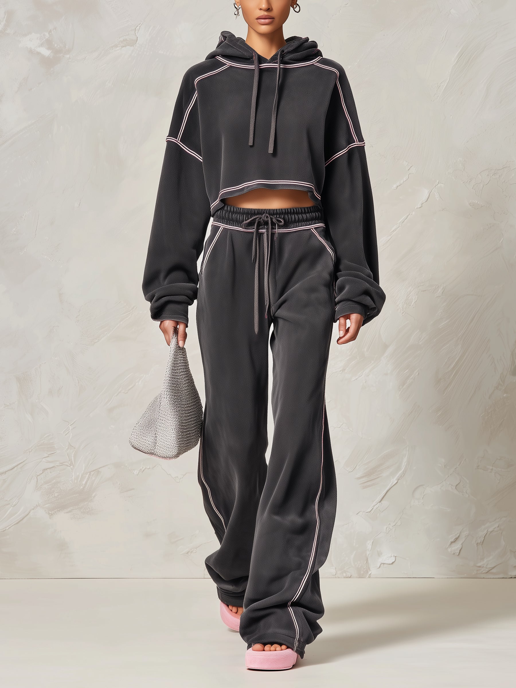 Charcoal Contrast-Piped Cropped Hoodie & Wide-Leg Pants Set