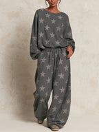 Women Long Sleeve Star Pattern Loose Sweat Matching Set Casual Wide Leg Tracksuit