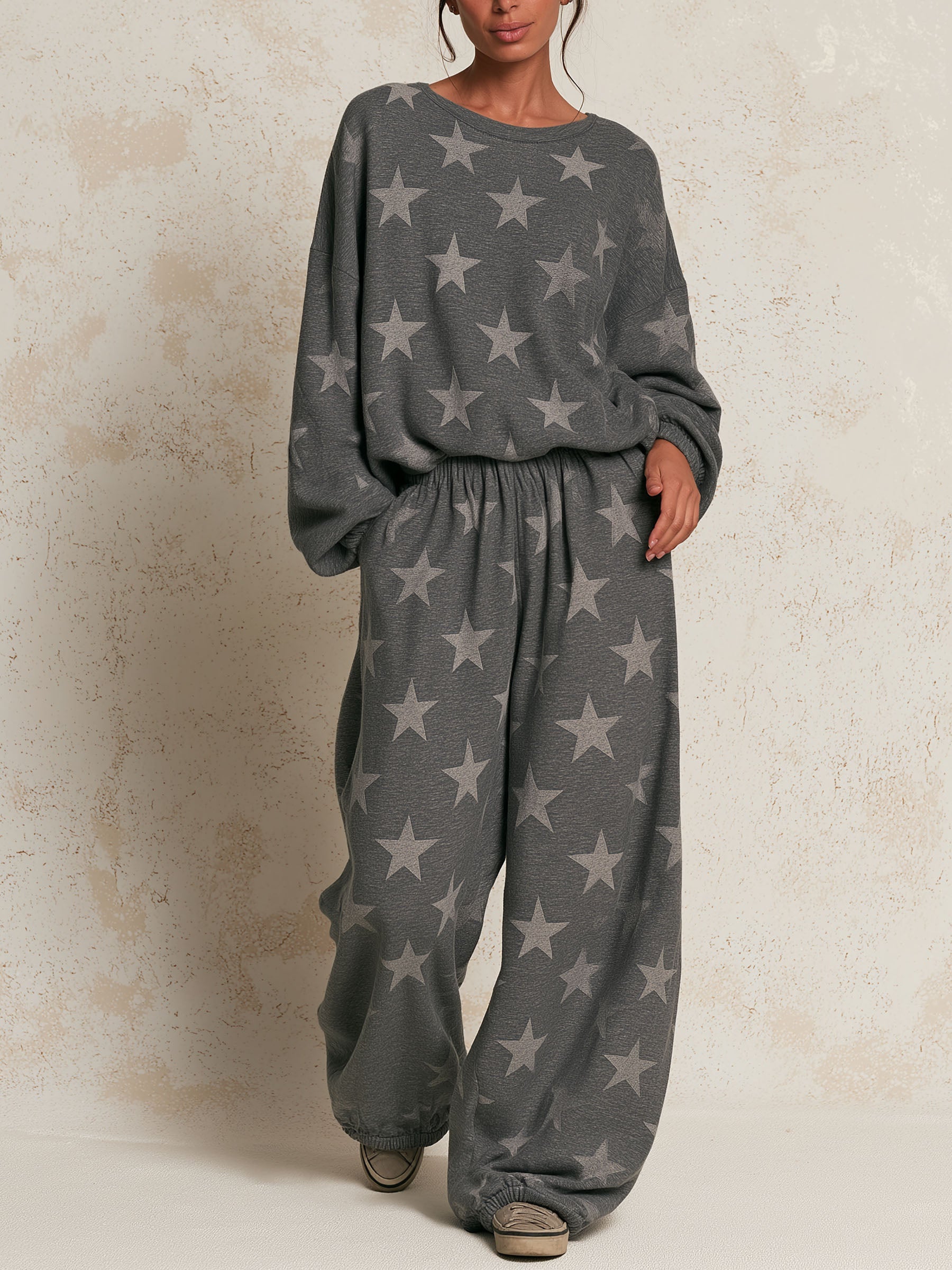 Women Long Sleeve Star Pattern Loose Sweat Matching Set Casual Wide Leg Tracksuit