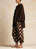 Brown Polka Dot Linen Loose 2 Piece Set | Textured Oversized Top & Harem Pants
