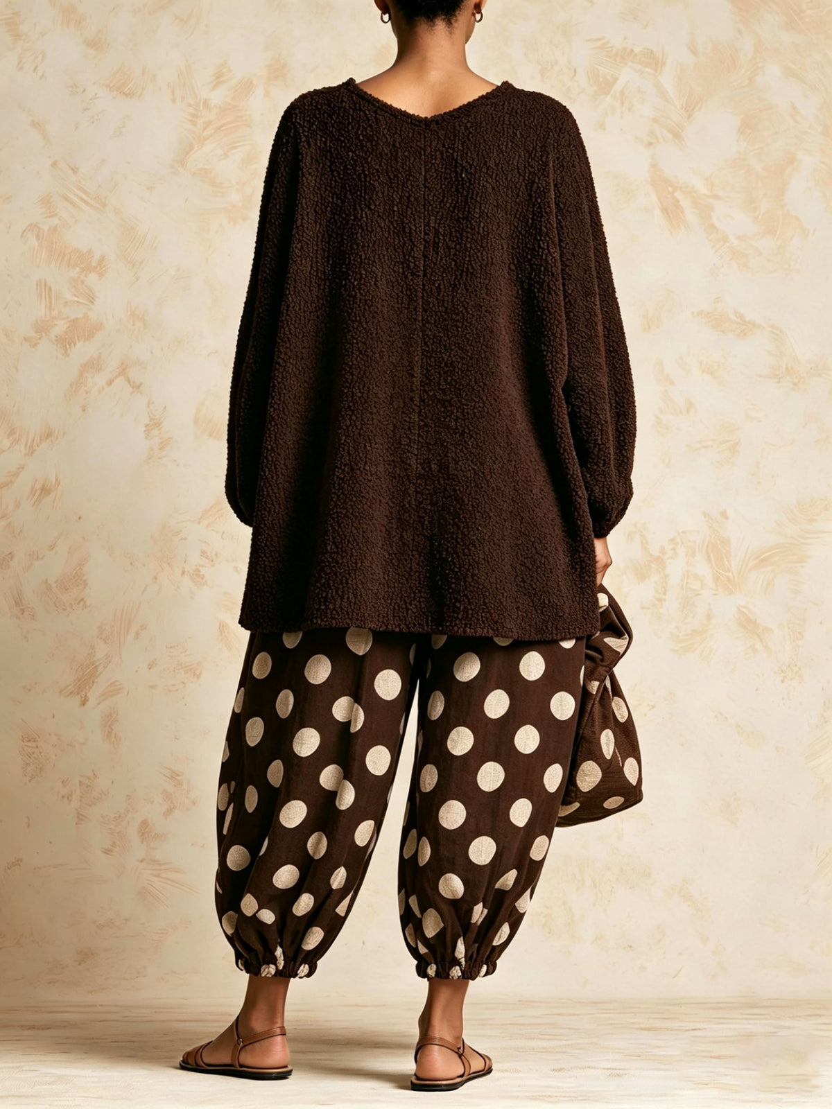 Brown Polka Dot Linen Loose 2 Piece Set | Textured Oversized Top & Harem Pants