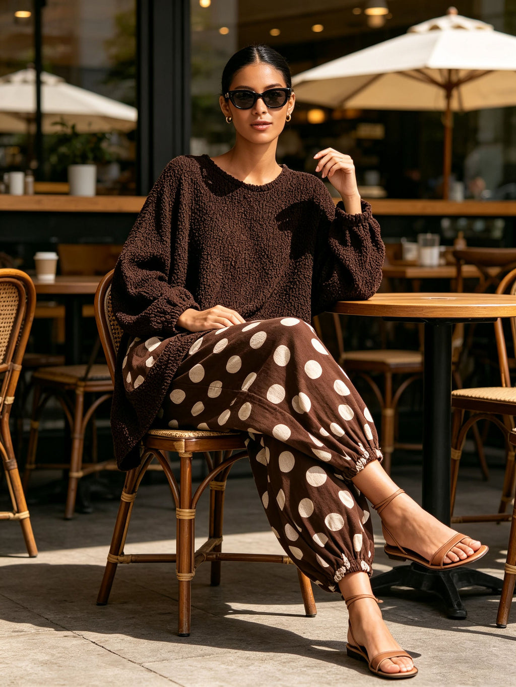 Brown Polka Dot Linen Loose 2 Piece Set | Textured Oversized Top & Harem Pants