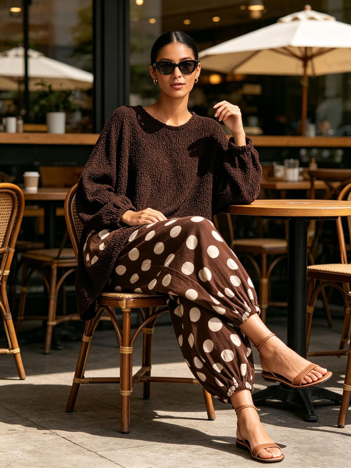 Brown Polka Dot Linen Loose 2 Piece Set | Textured Oversized Top & Harem Pants