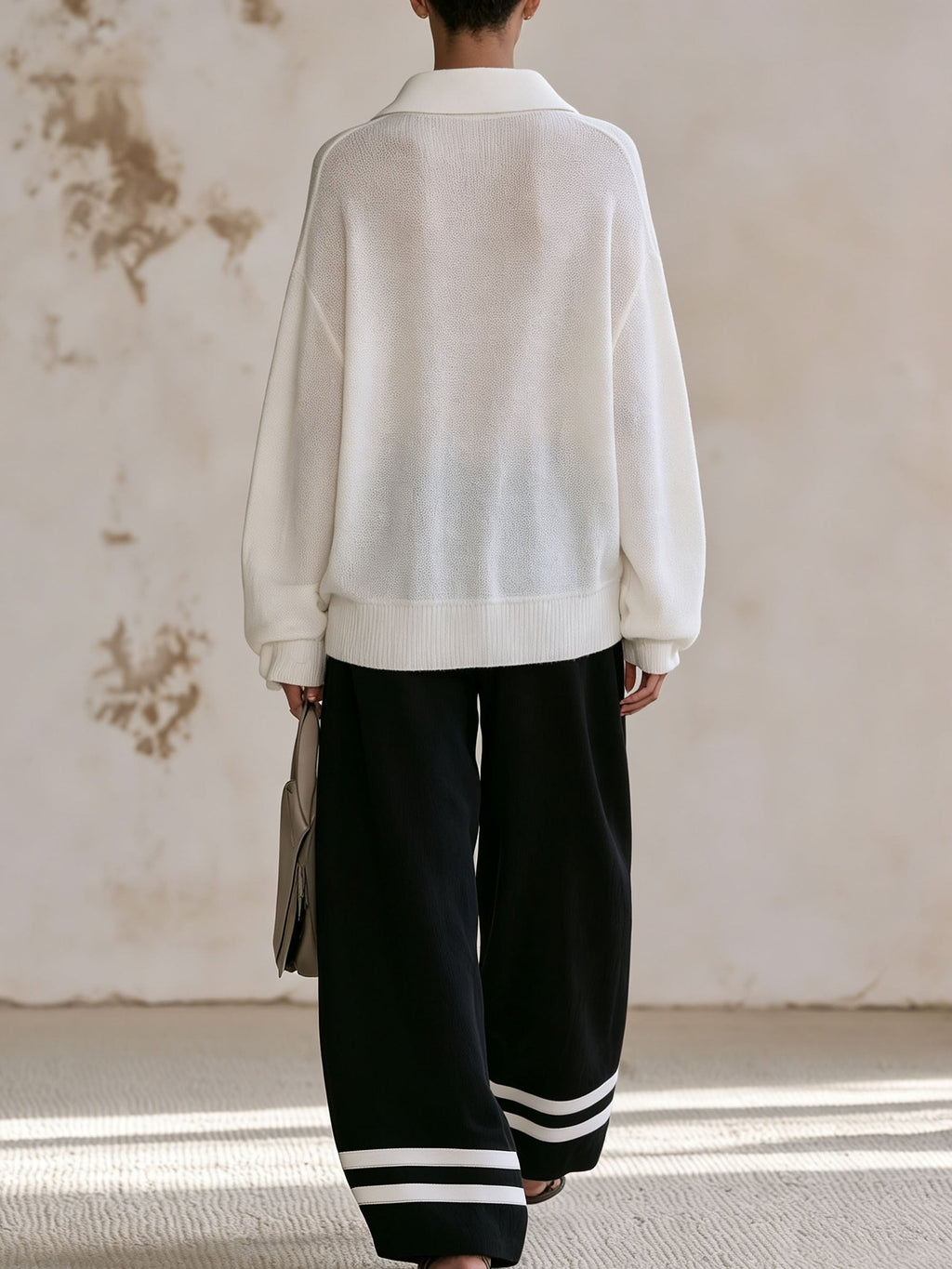 Women Contrast Pocket Knit Polo Matching Set Black White Stripe Trousers Co-ord