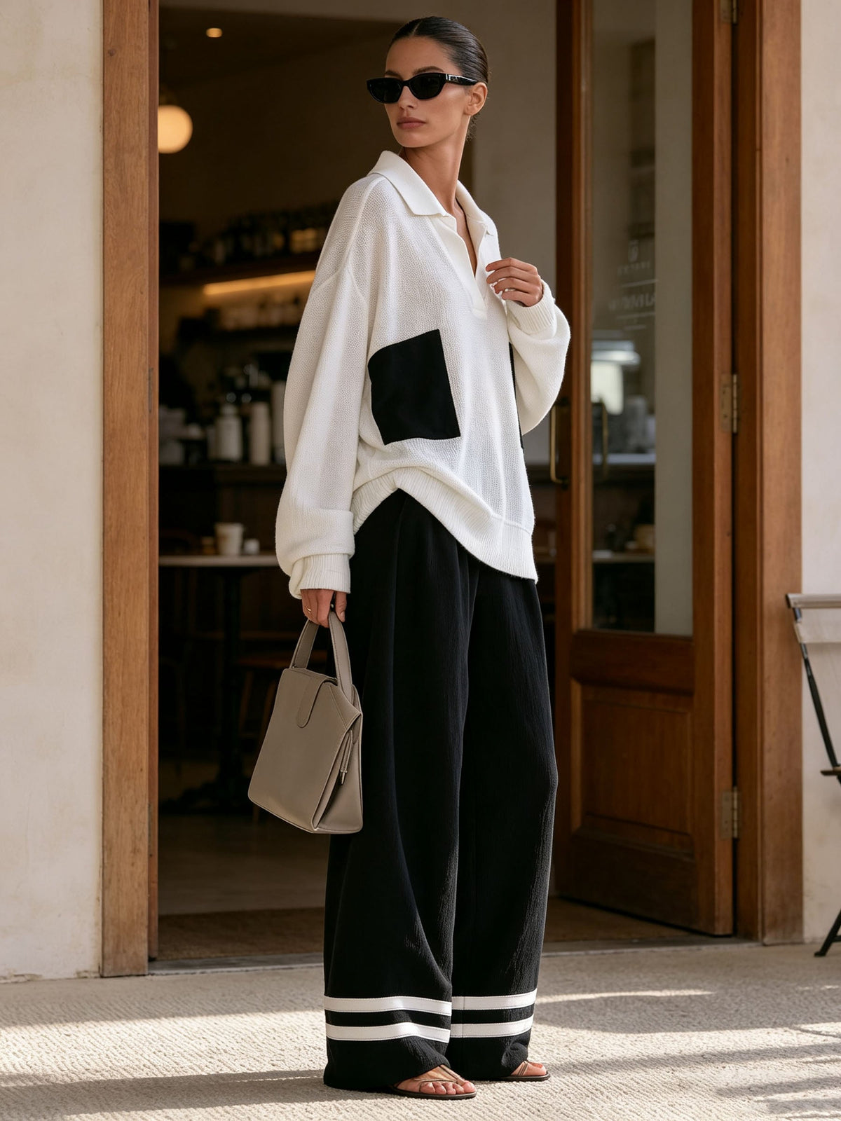 Women Contrast Pocket Knit Polo Matching Set Black White Stripe Trousers Co-ord