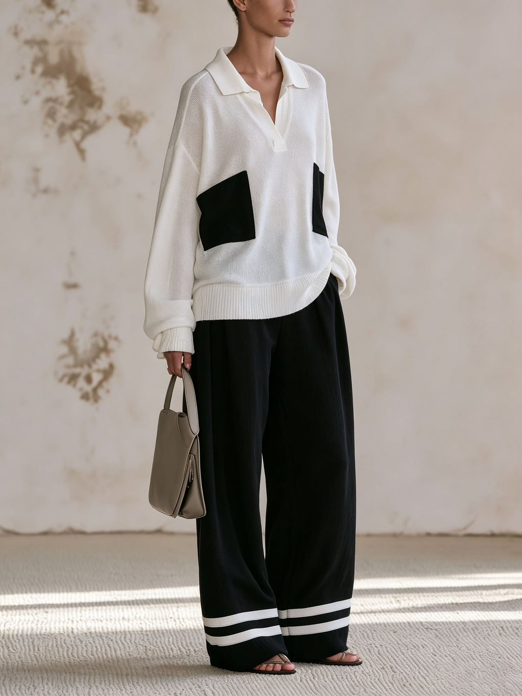 Women Contrast Pocket Knit Polo Matching Set Black White Stripe Trousers Co-ord