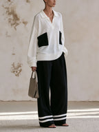 Women Contrast Pocket Knit Polo Matching Set Black White Stripe Trousers Co-ord