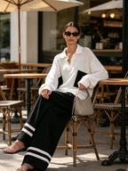 Women Contrast Pocket Knit Polo Matching Set Black White Stripe Trousers Co-ord