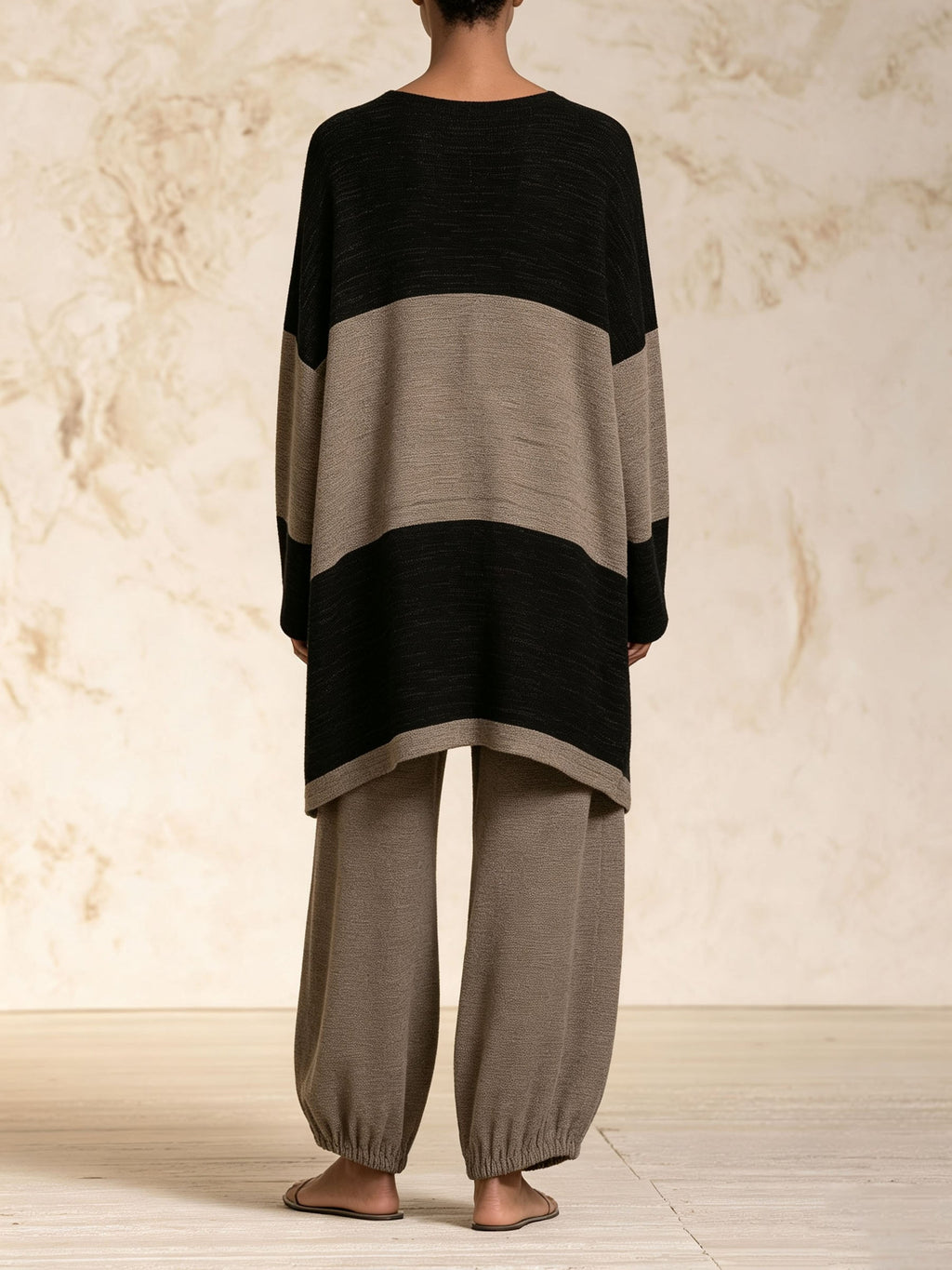 Women V Neck Color Block Long Tunic Top Elastic Cuff Baggy Pants Casual Matching Outfit