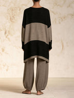 Women V Neck Color Block Long Tunic Top Elastic Cuff Baggy Pants Casual Matching Outfit