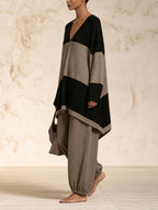 Women V Neck Color Block Long Tunic Top Elastic Cuff Baggy Pants Casual Matching Outfit