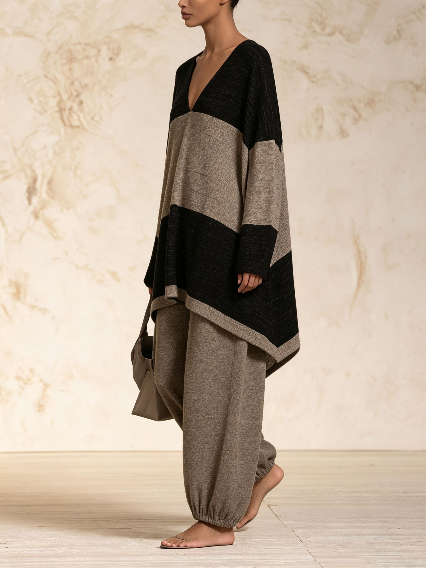 Women V Neck Color Block Long Tunic Top Elastic Cuff Baggy Pants Casual Matching Outfit