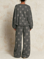 Women Long Sleeve Star Pattern Loose Sweat Matching Set Casual Wide Leg Tracksuit