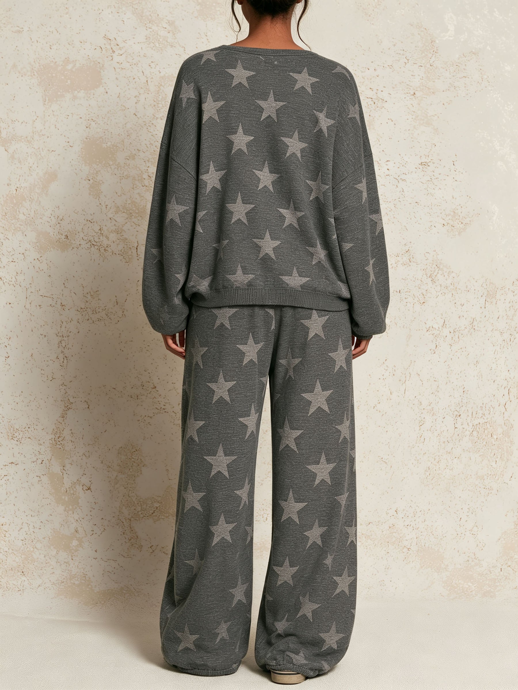 Women Long Sleeve Star Pattern Loose Sweat Matching Set Casual Wide Leg Tracksuit