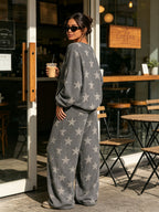 Women Long Sleeve Star Pattern Loose Sweat Matching Set Casual Wide Leg Tracksuit