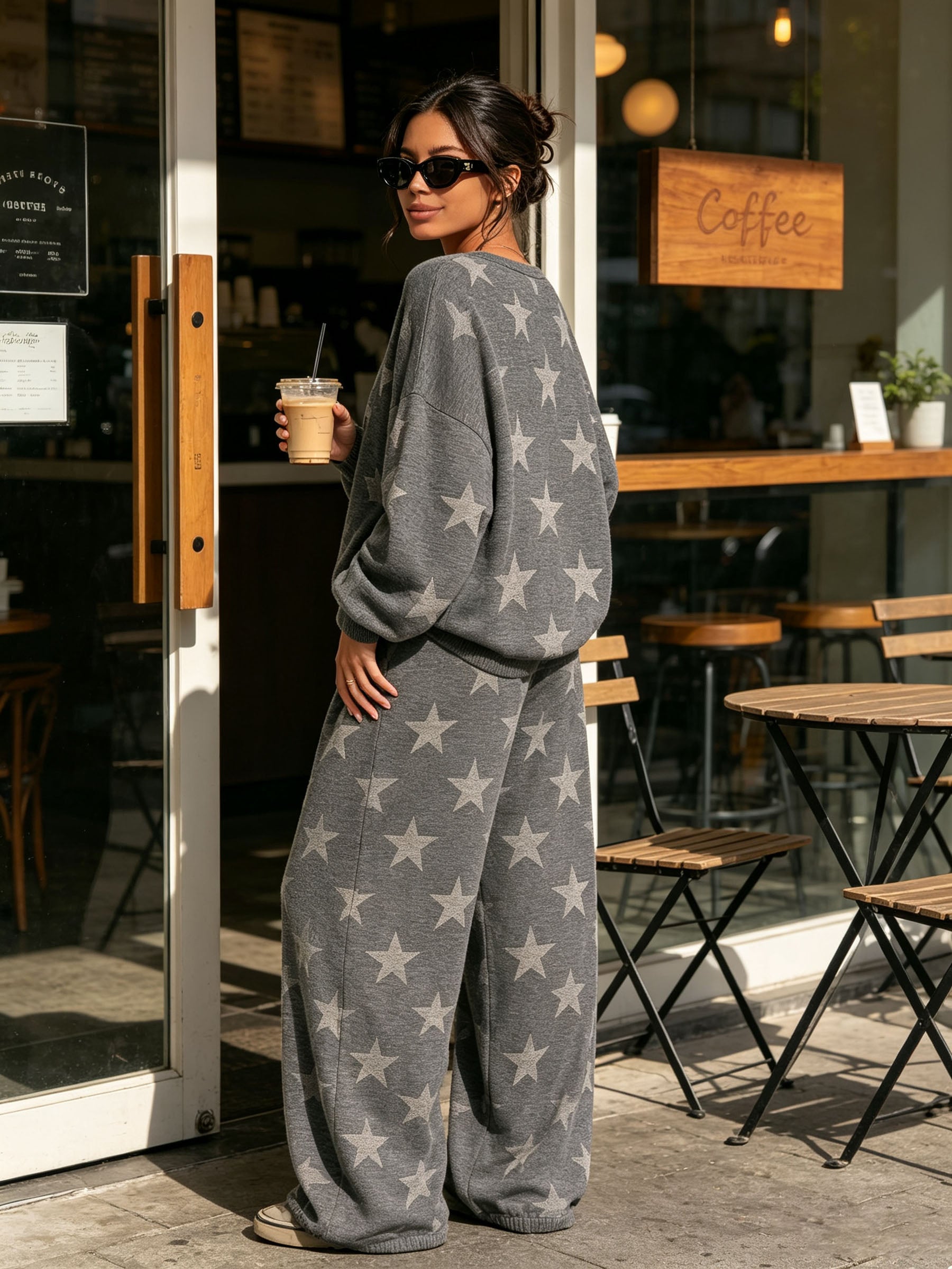 Women Long Sleeve Star Pattern Loose Sweat Matching Set Casual Wide Leg Tracksuit