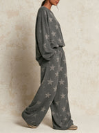 Women Long Sleeve Star Pattern Loose Sweat Matching Set Casual Wide Leg Tracksuit
