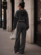 Charcoal Contrast-Piped Cropped Hoodie & Wide-Leg Pants Set