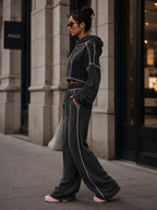 Charcoal Contrast-Piped Cropped Hoodie & Wide-Leg Pants Set