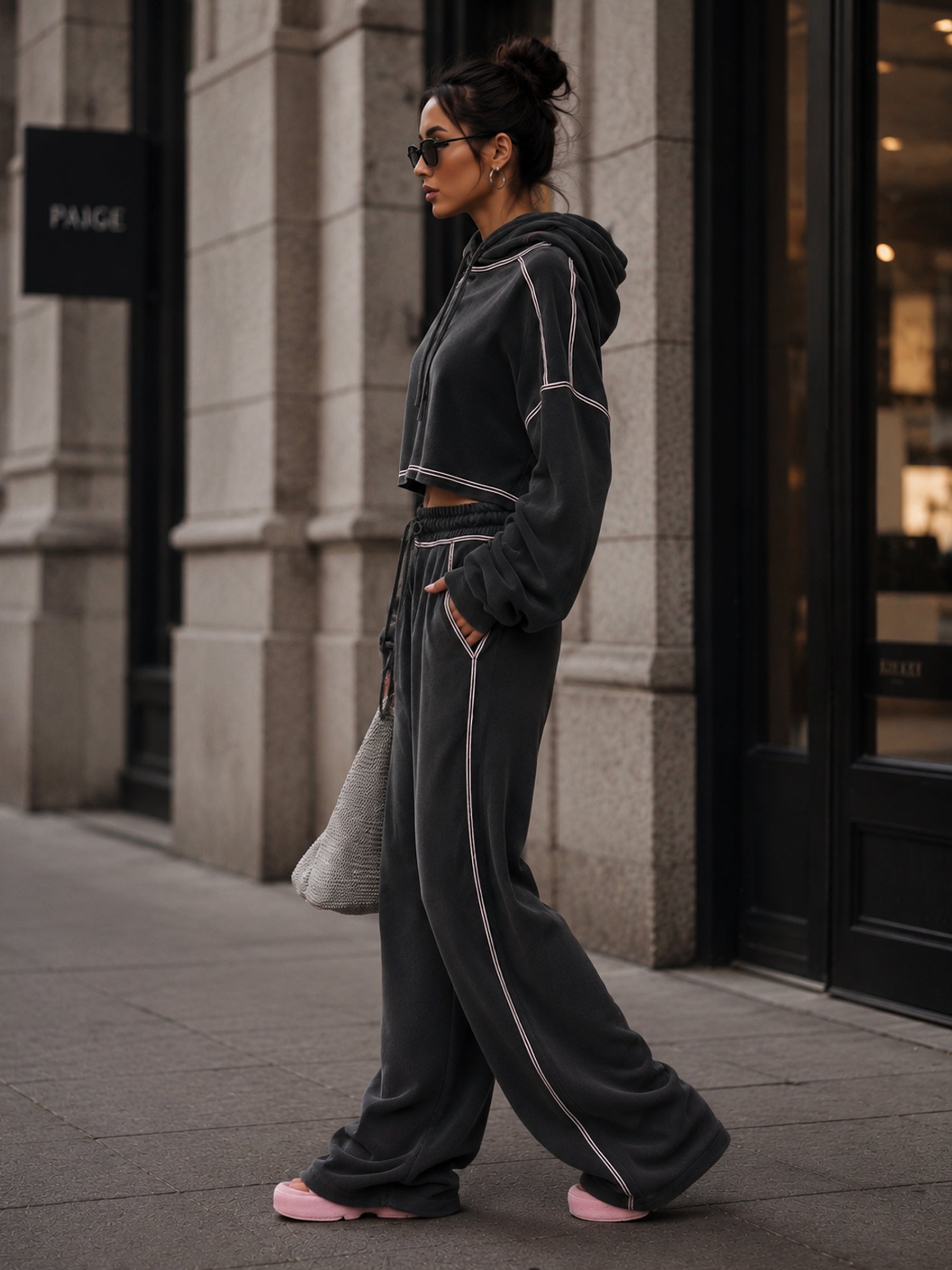 Charcoal Contrast-Piped Cropped Hoodie & Wide-Leg Pants Set