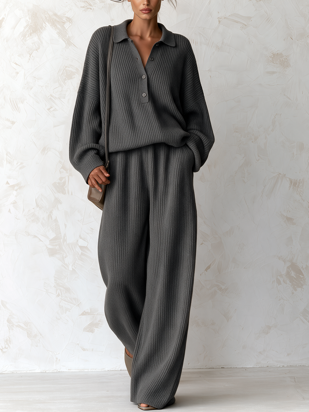 Oversized Rib‑Knit Polo Two‑Piece Set, Henley Neck Top & Wide‑Leg Knit Trousers Co‑ord