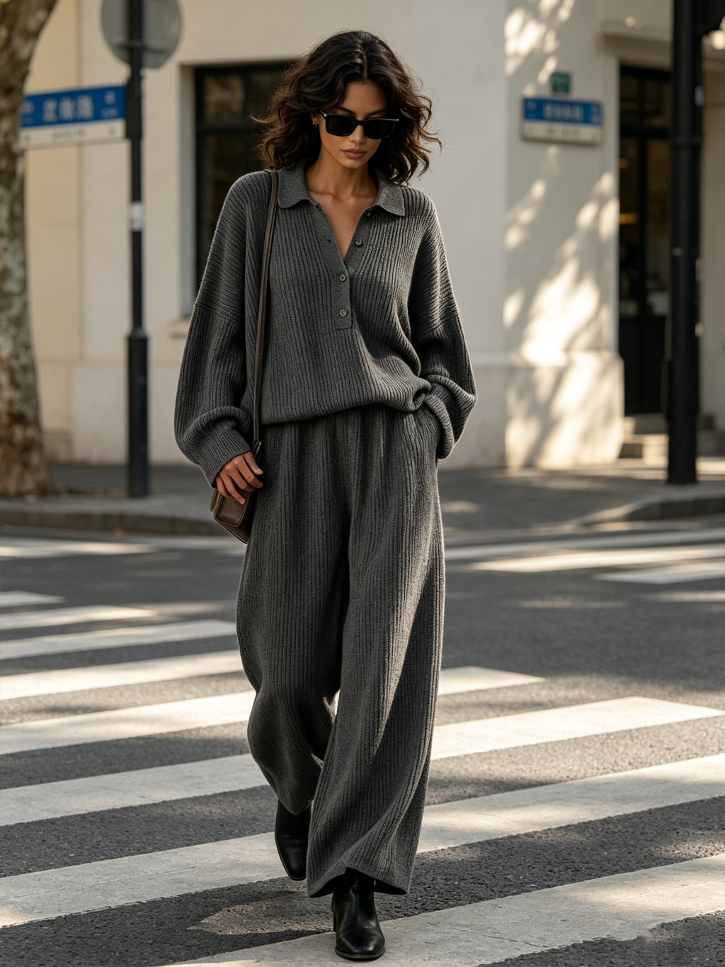 Oversized Rib‑Knit Polo Two‑Piece Set, Henley Neck Top & Wide‑Leg Knit Trousers Co‑ord
