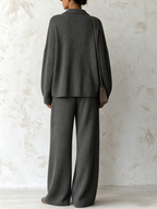 Oversized Rib‑Knit Polo Two‑Piece Set, Henley Neck Top & Wide‑Leg Knit Trousers Co‑ord