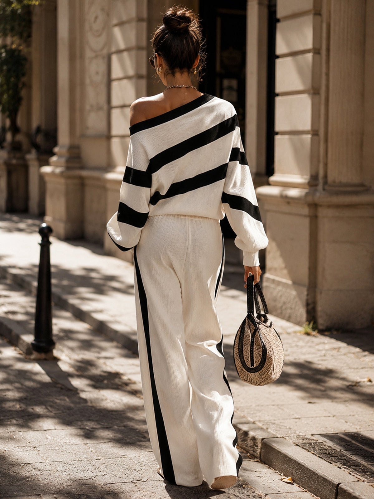Striped Off-Shoulder Knit Two-Piece Set