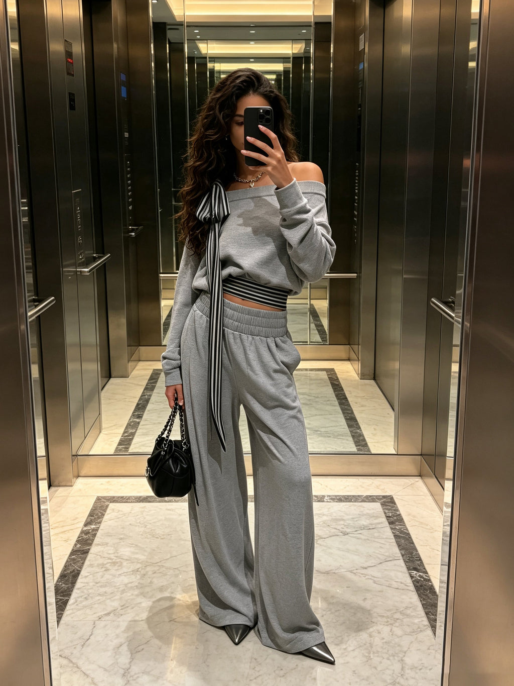 Off-Shoulder Striped Detail Lounge Set
