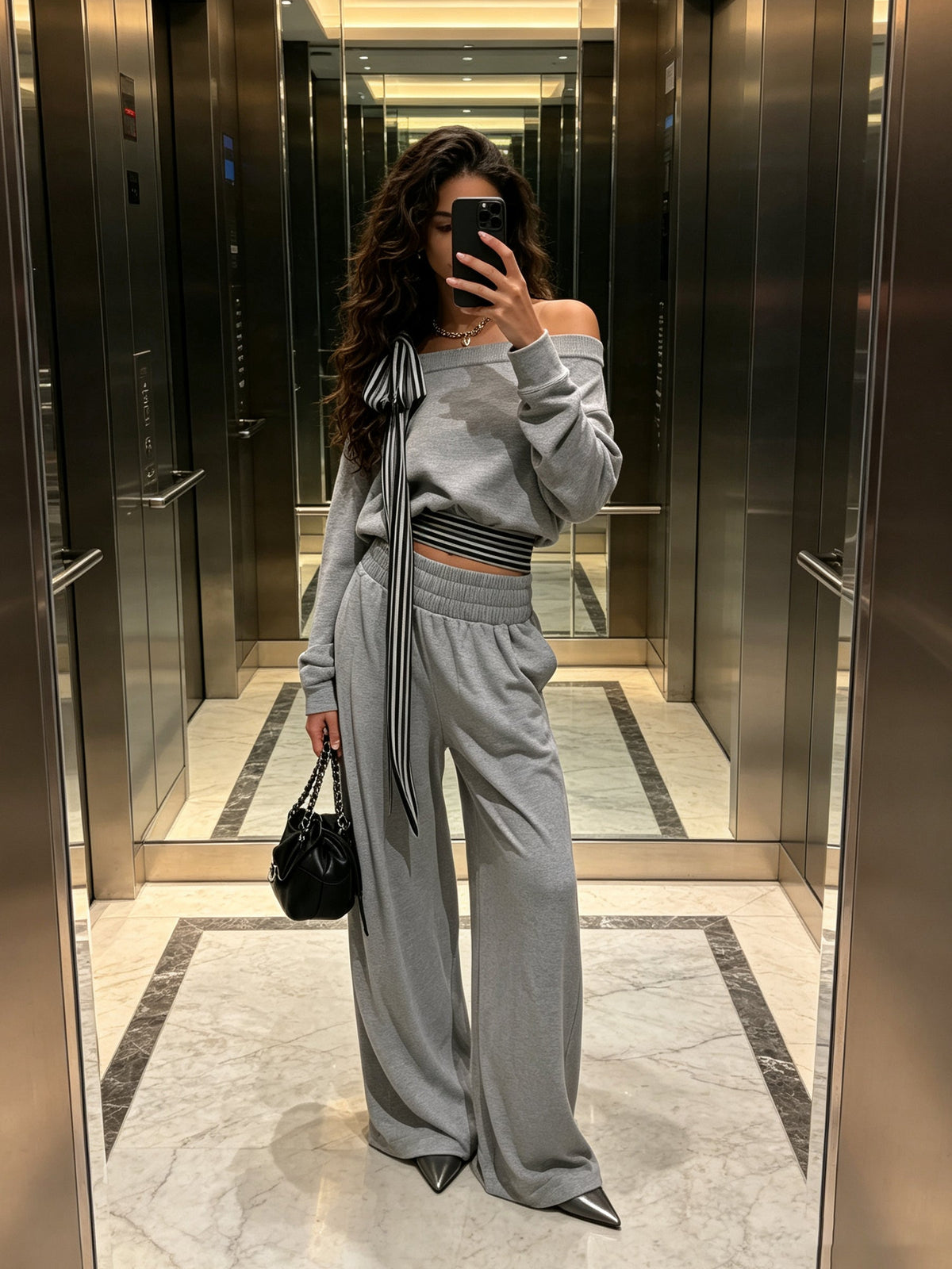 Off-Shoulder Striped Detail Lounge Set