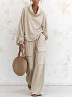 Oversized Cowl‑Neck Frayed‑Edge Two‑Piece Set, Cargo Pocket Wide‑Leg Trousers Co‑ord