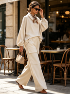 Oversized Cowl‑Neck Frayed‑Edge Two‑Piece Set, Cargo Pocket Wide‑Leg Trousers Co‑ord