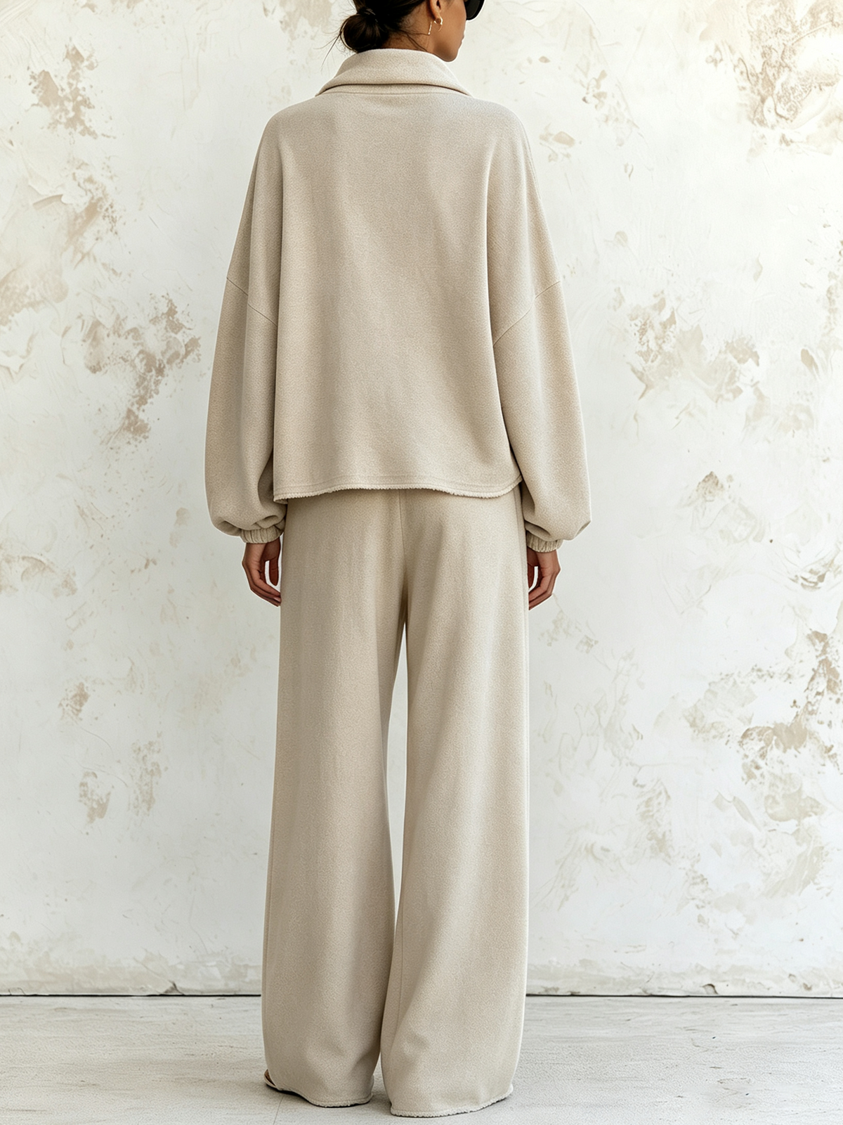 Oversized Cowl‑Neck Frayed‑Edge Two‑Piece Set, Cargo Pocket Wide‑Leg Trousers Co‑ord