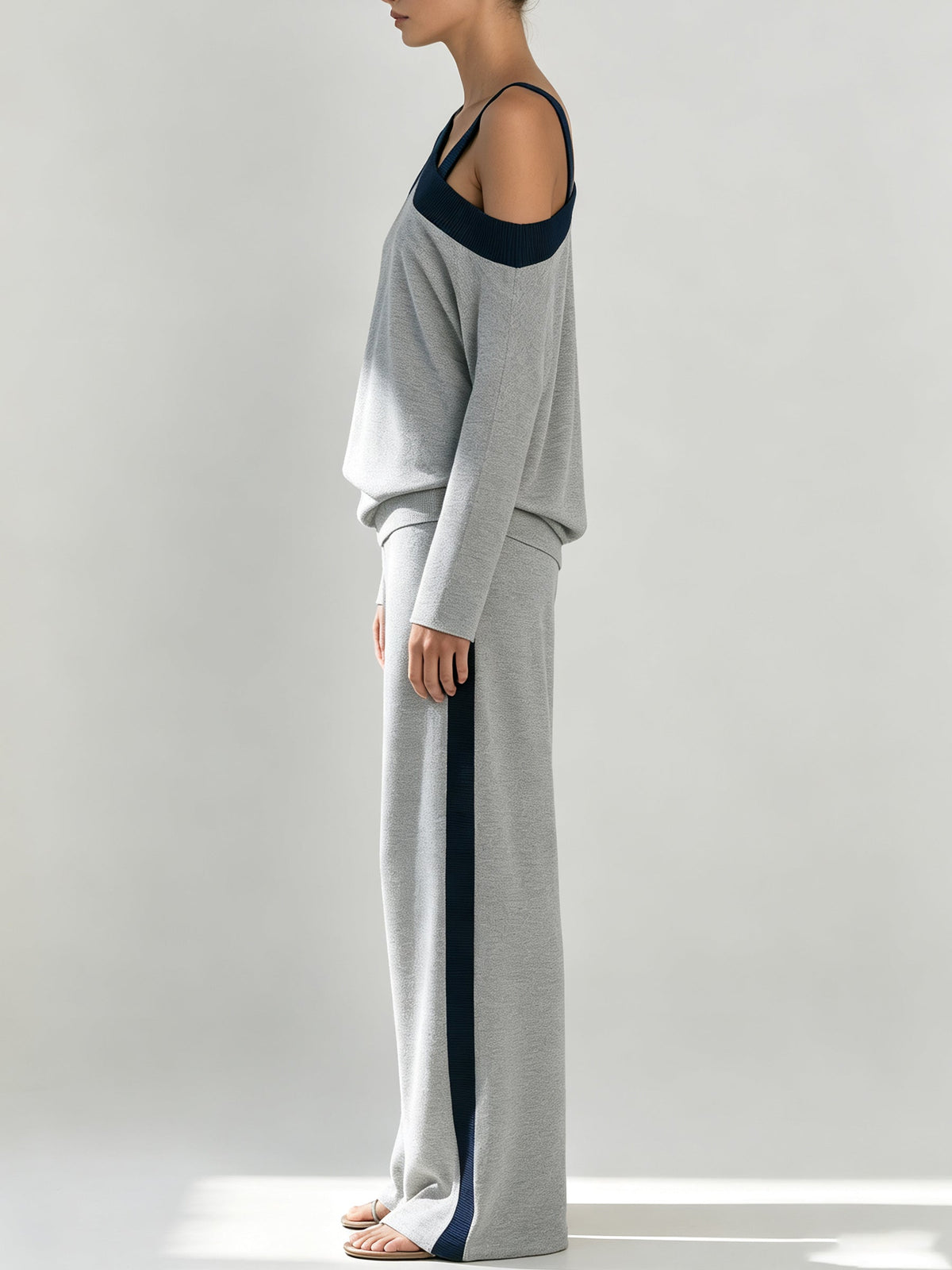 Asymmetric Navy Contrast Knit Set