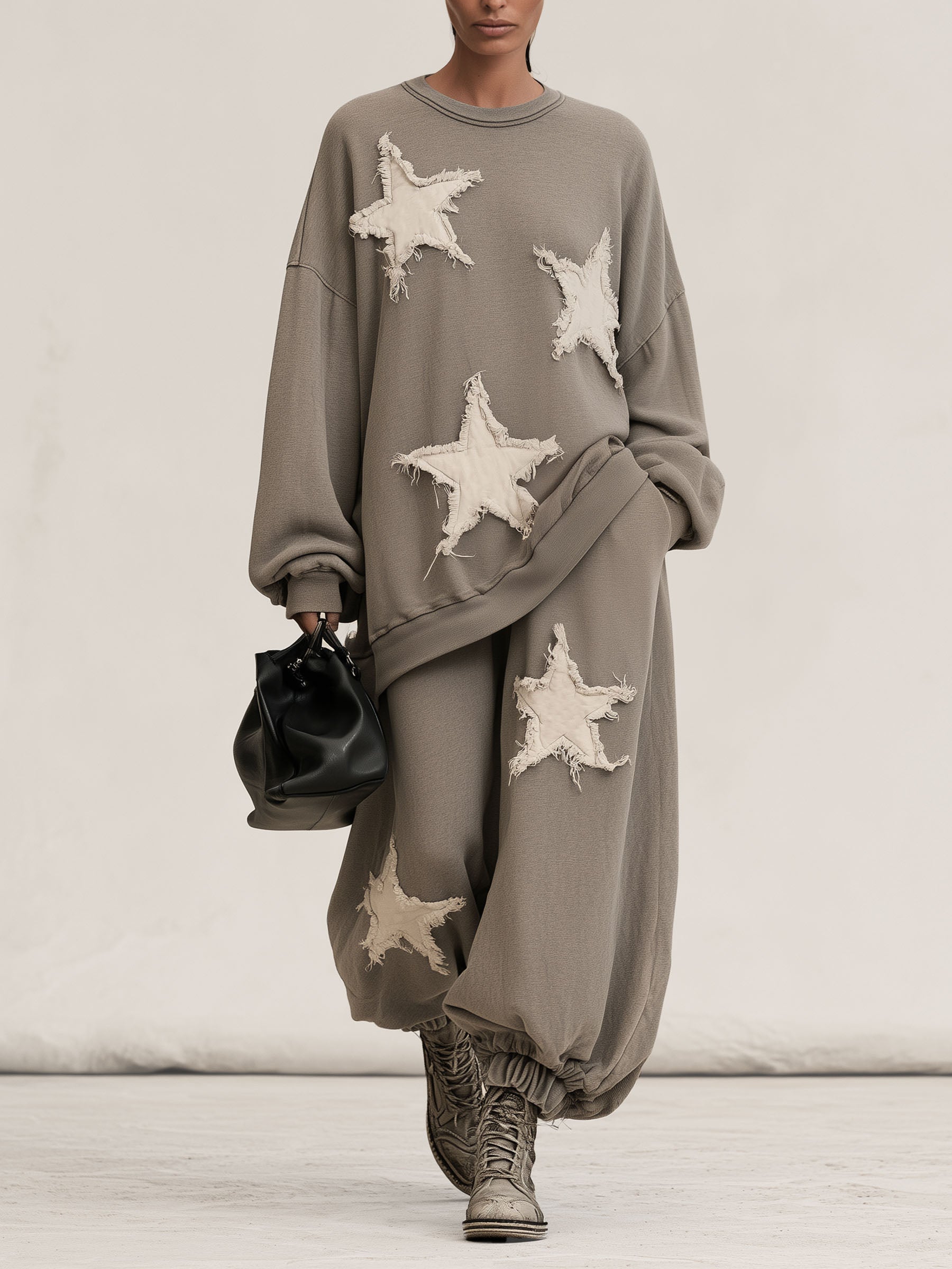 Vintage Fringed Star Matching Sweatshirt & Sweatpants Tracksuit