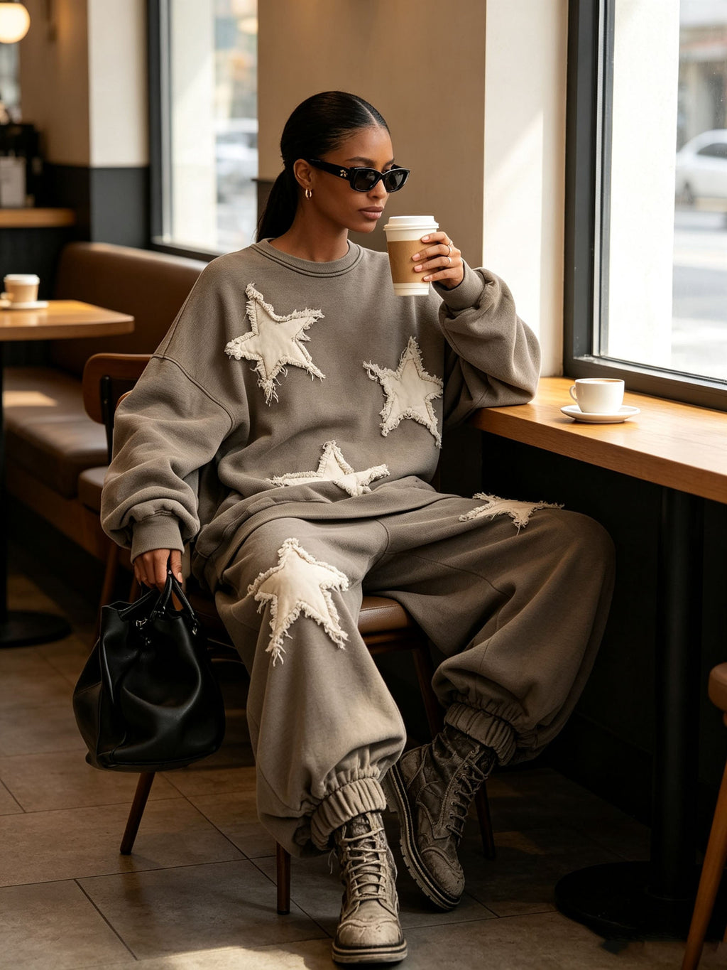 Vintage Fringed Star Matching Sweatshirt & Sweatpants Tracksuit