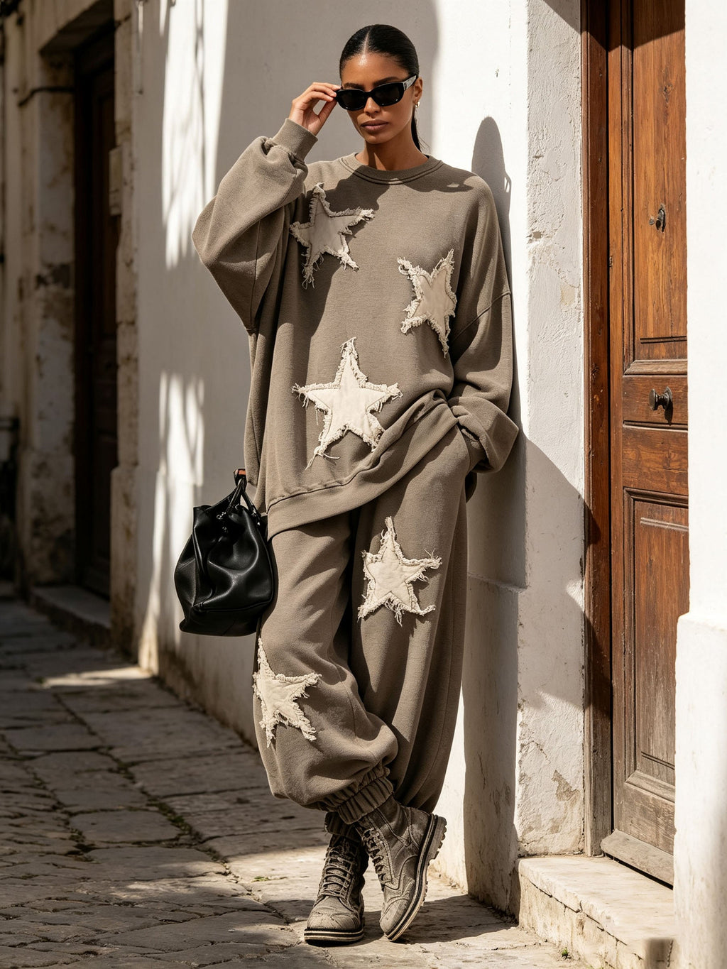 Vintage Fringed Star Matching Sweatshirt & Sweatpants Tracksuit