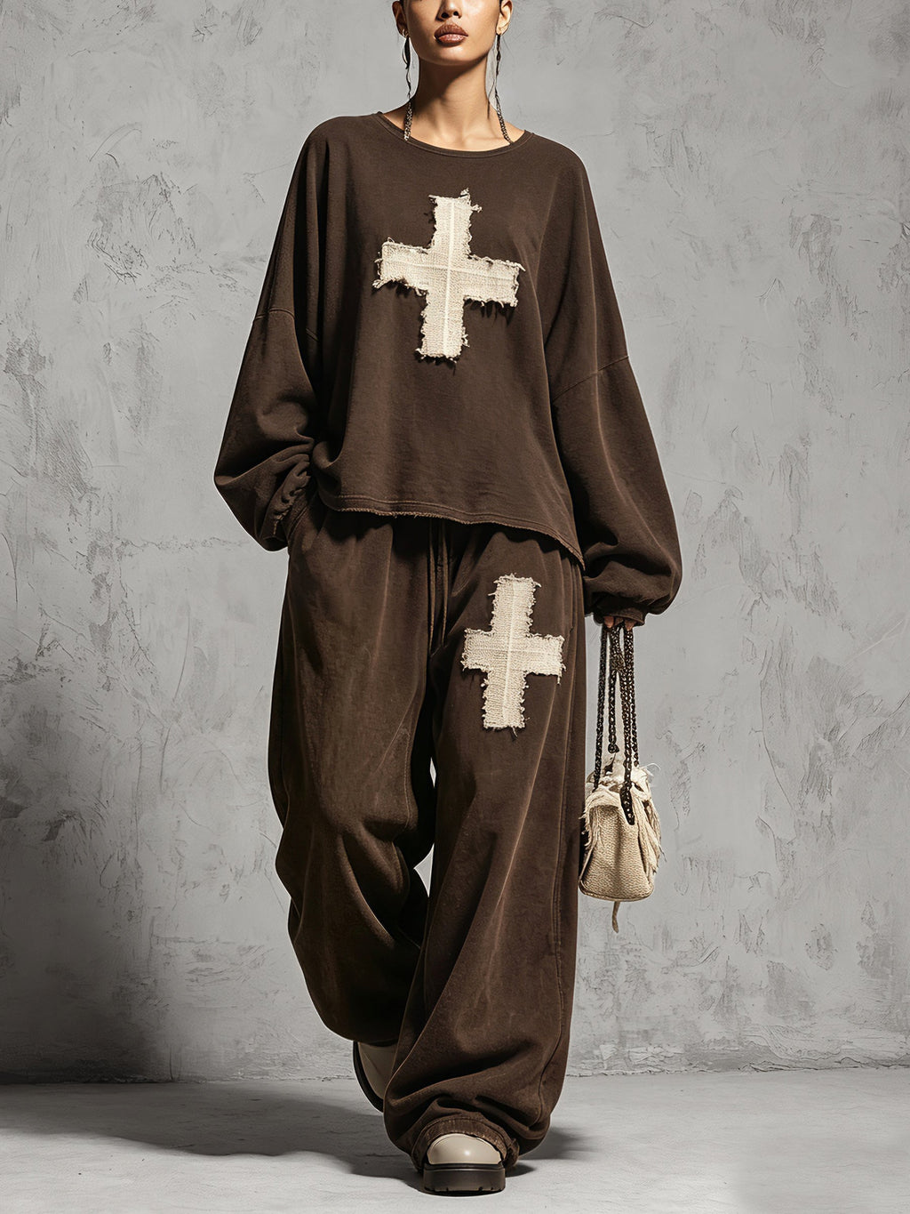 Distressed Cross Graphic Relaxed Sweatshirt & Wide-Leg Pants Set