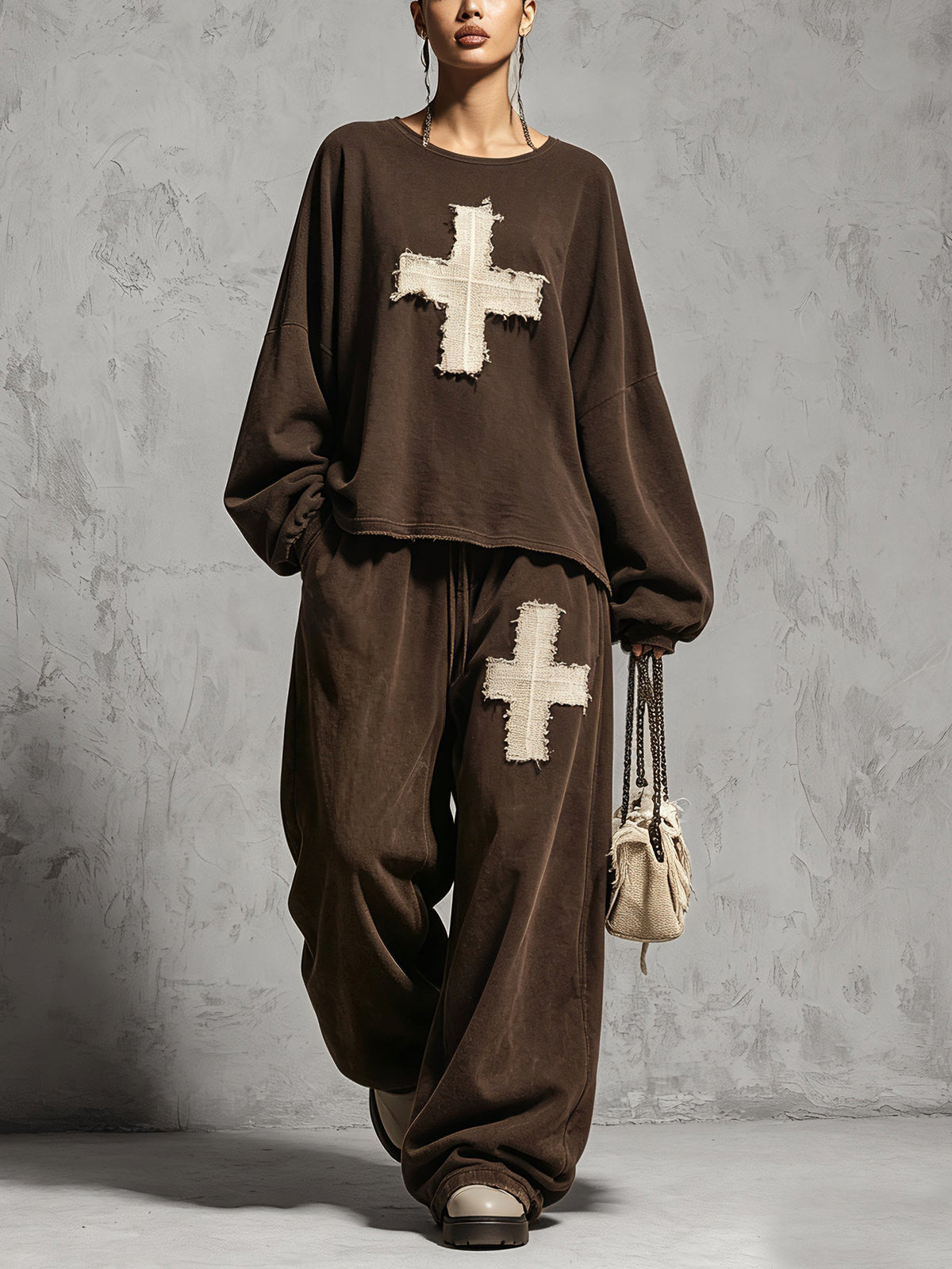 Distressed Cross Graphic Relaxed Sweatshirt & Wide-Leg Pants Set