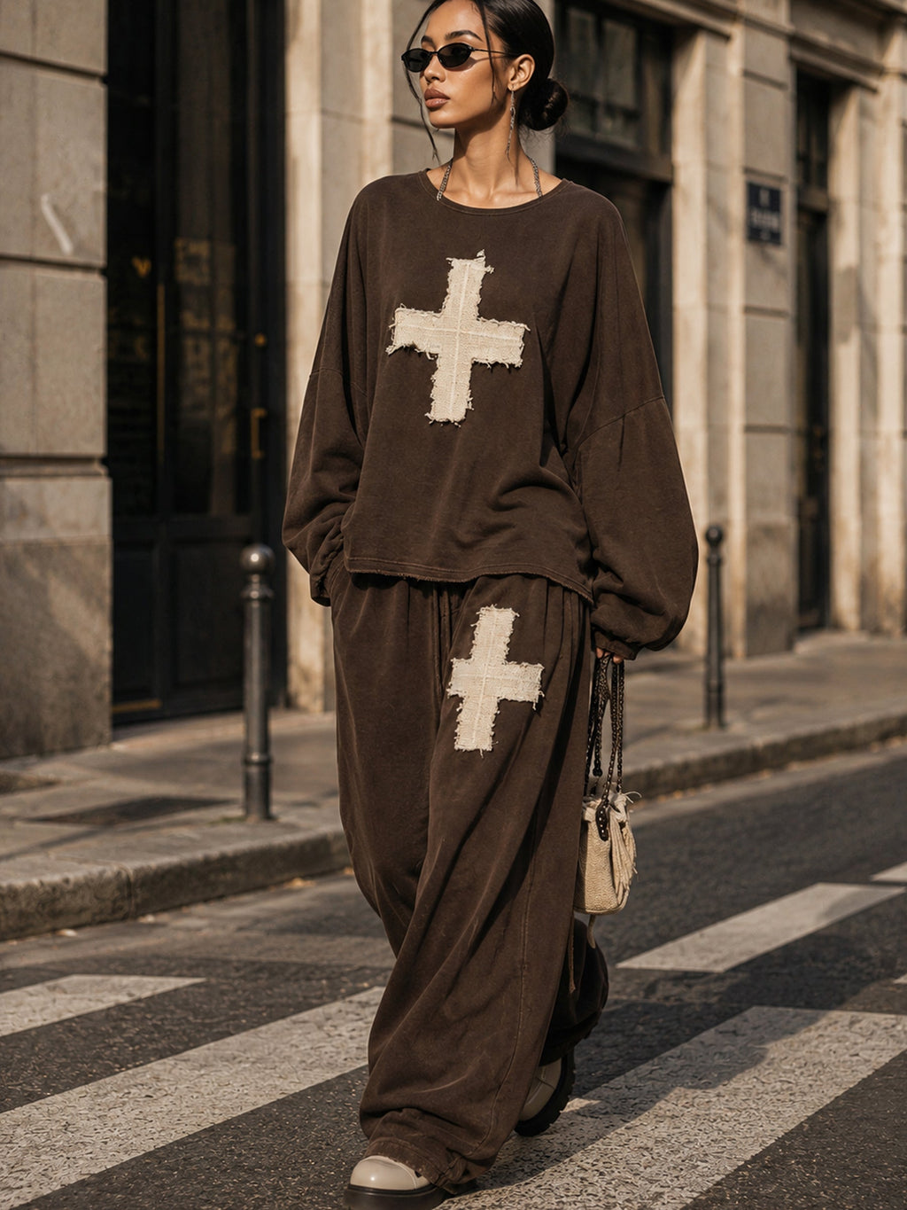 Distressed Cross Graphic Relaxed Sweatshirt & Wide-Leg Pants Set