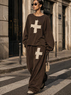 Distressed Cross Graphic Relaxed Sweatshirt & Wide-Leg Pants Set