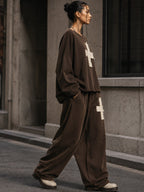 Distressed Cross Graphic Relaxed Sweatshirt & Wide-Leg Pants Set