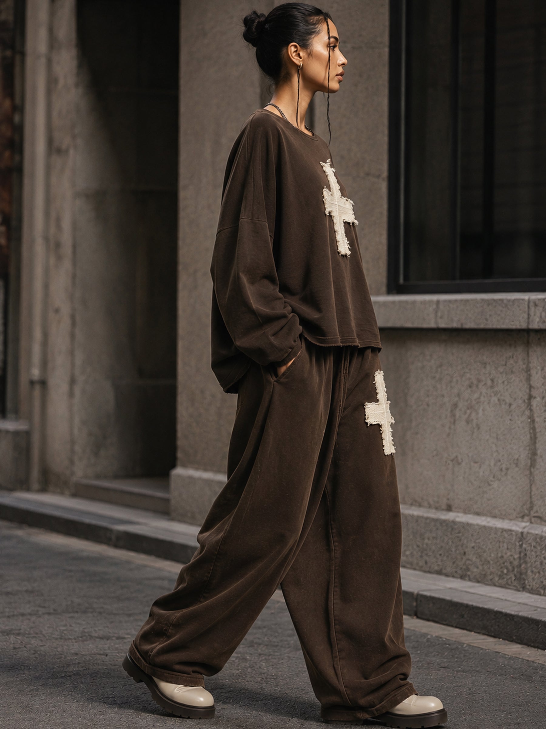 Distressed Cross Graphic Relaxed Sweatshirt & Wide-Leg Pants Set