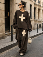 Distressed Cross Graphic Relaxed Sweatshirt & Wide-Leg Pants Set