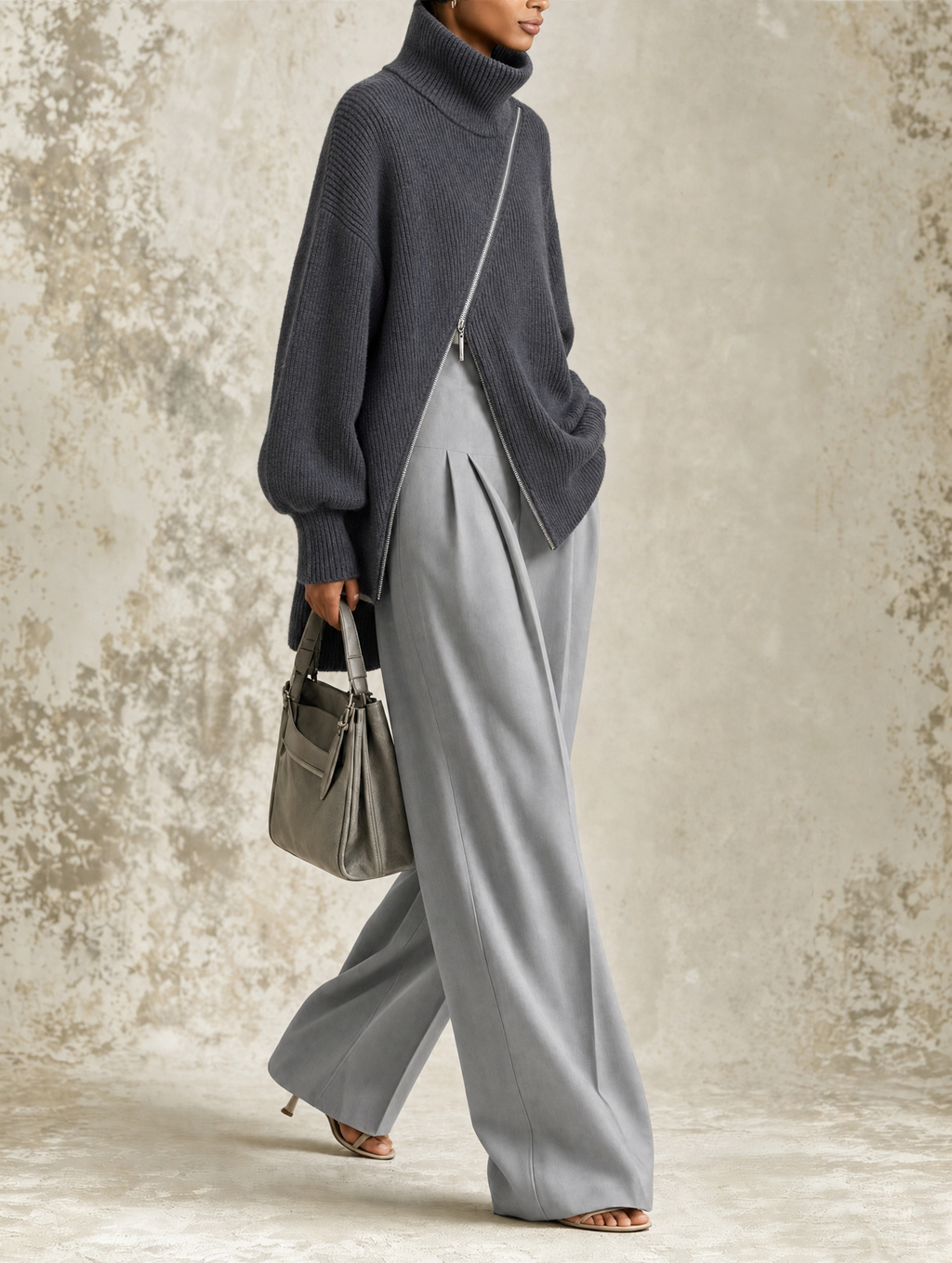 Asymmetric Zip Turtleneck Sweater & Wide-Leg Pants Set