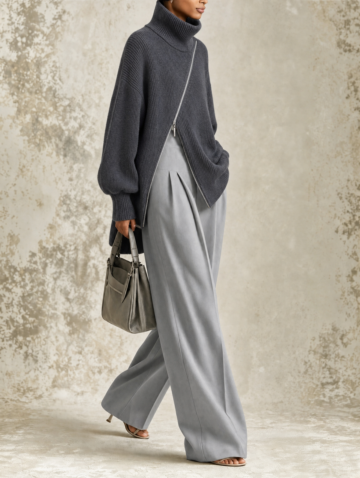 Asymmetric Zip Turtleneck Sweater & Wide-Leg Pants Set